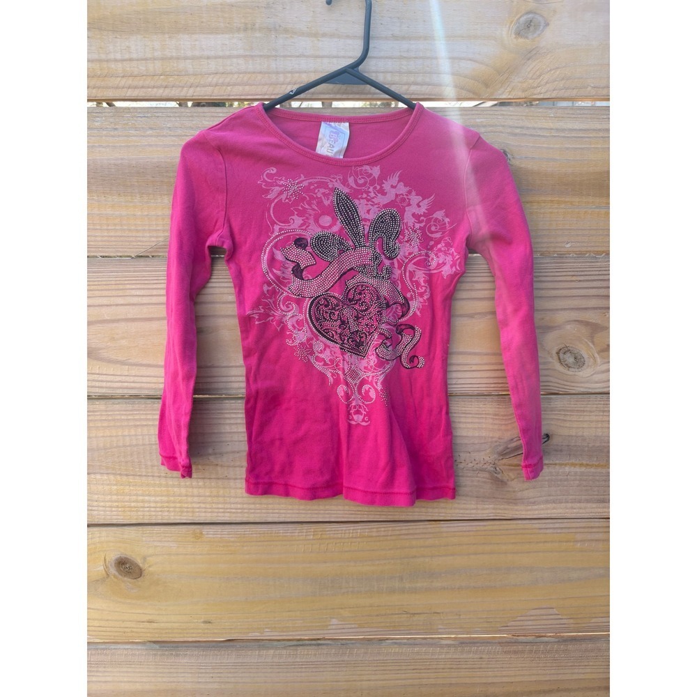 Beautees Hot Pink Rhinestone Heart Graphic Long Sleeve Top Y2K McBling Medium